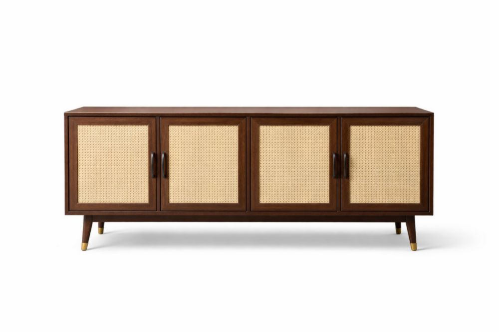 Credenza in Legno Massello con Ante in Rattan 4 Porte Marrone Scuro Lunghezza 200 cm x Larghezza 50 cm x Altezza 70 cm