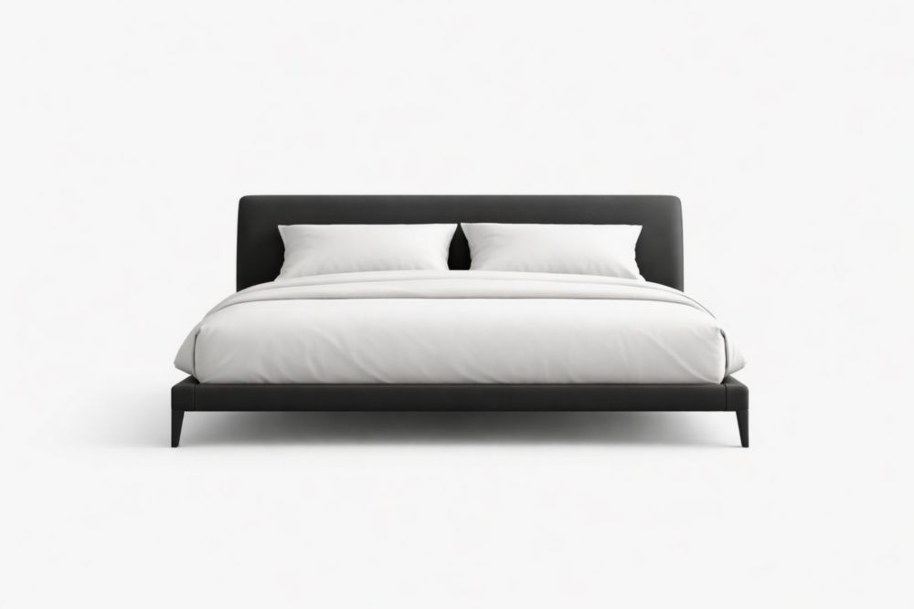 Letto matrimoniale in pelle sintetica nera con testiera e cuscini