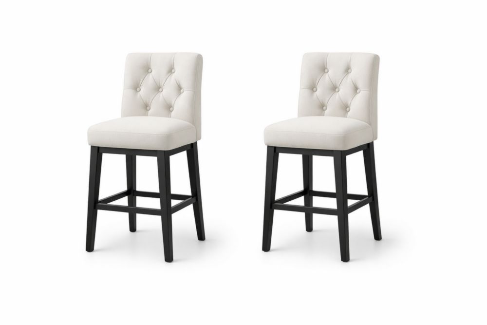 Set di Due Sgabelli con Schienale Imbottito in Poliestere Beige e Gambe in Legno Massello Nero