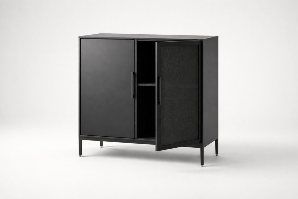 Credenza in Acciaio Nero con Due Ante e Ripiani