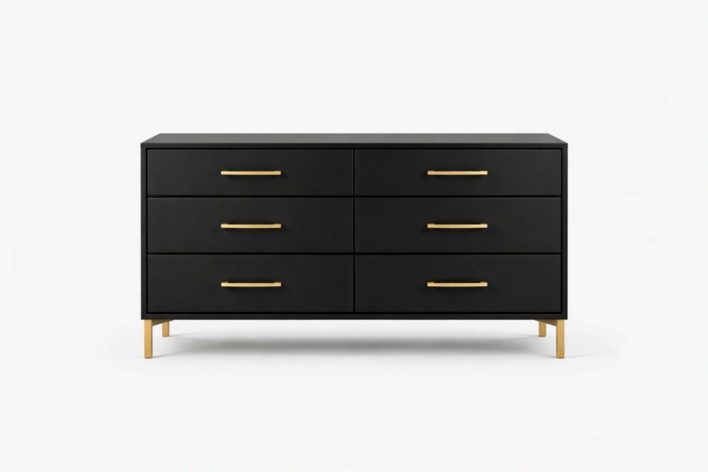 Cassettiera a Sei Cassetti in MDF Nero con Gambe e Maniglie in Lega Di Alluminio