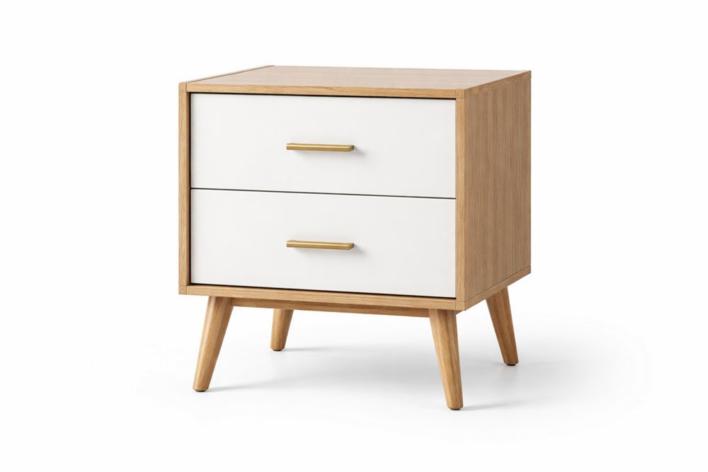 Comodino in Legno con Cassetti Bianco e Rovere