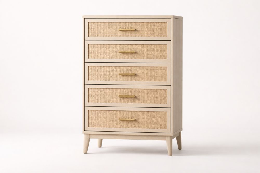 Cassettiera in Legno Massello e Rattan Beige 5 Cassetti