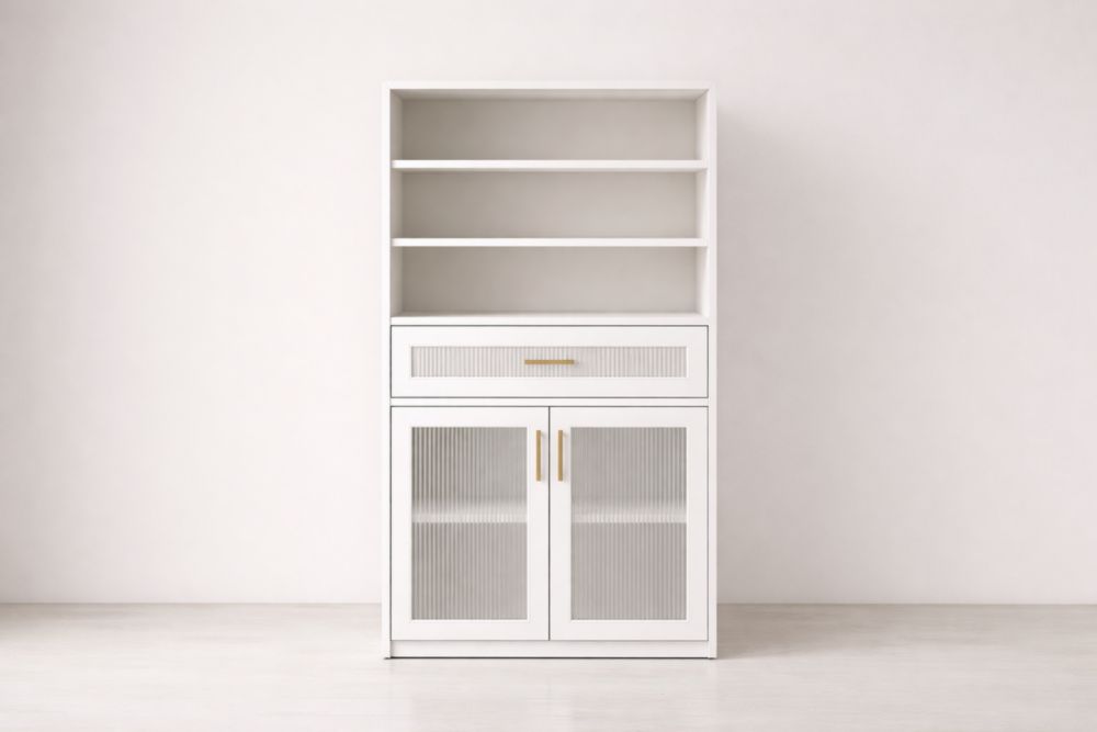 Credenza in MDF Bianco con Ante in Vetro e Ripiani