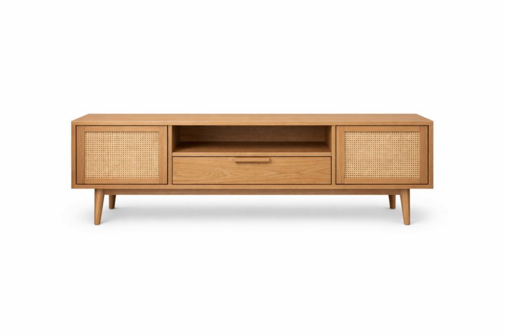 Mobile TV in Legno Massello con Ante in Rattan Lunghezza 120 cm x Larghezza 40 cm x Altezza 50 cm