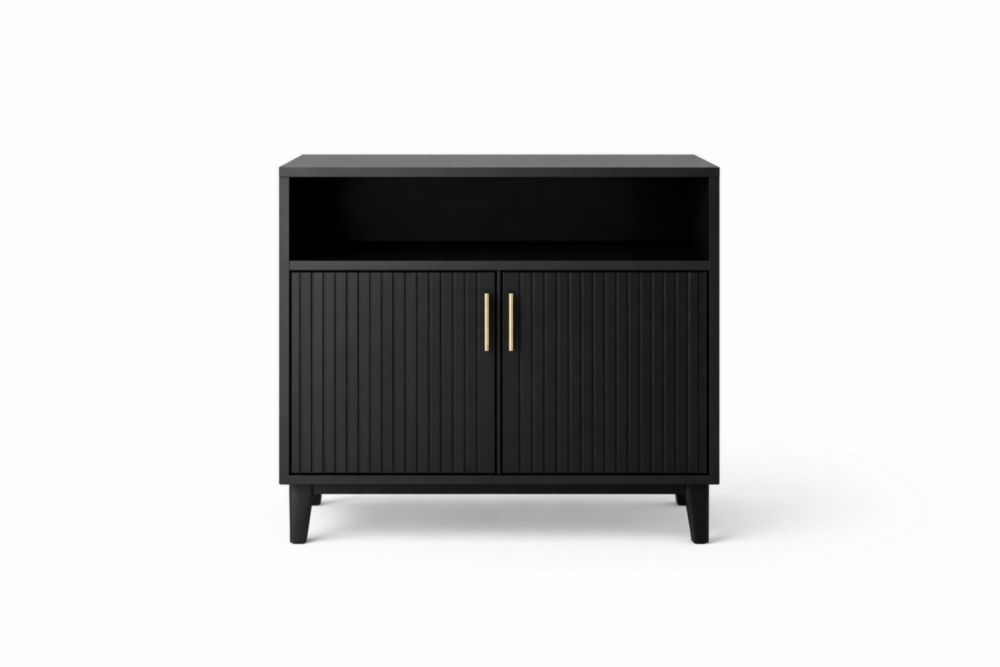 Credenza in Legno Massello Nera con 2 Ante e Ripiano Aperto