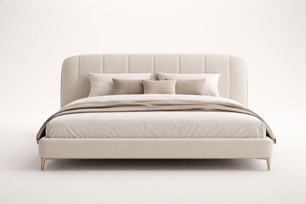 Letto imbottito in tessuto crema con cuscini