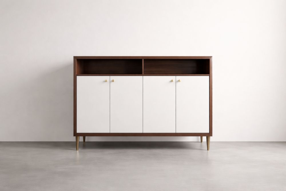 Credenza in Legno Noce e Bianco con Ripiani e Antine