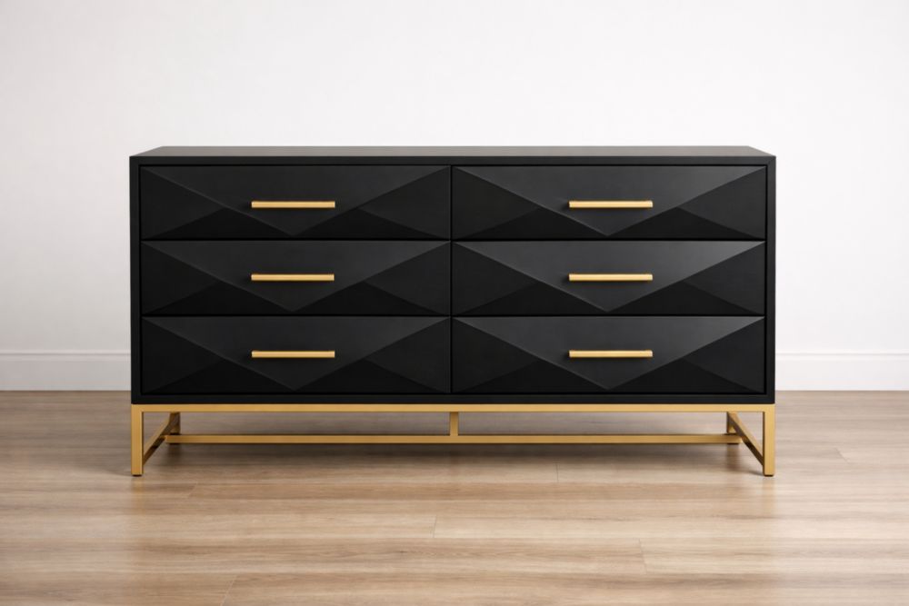 Cassettiera in legno MDF nero con base in acciaio dorato