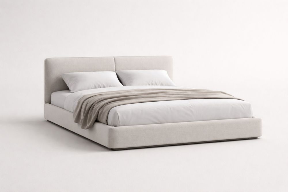 Letto matrimoniale imbottito in tessuto beige con rete Lunghezza 200 cm x Larghezza 180 cm x Altezza 100 cm