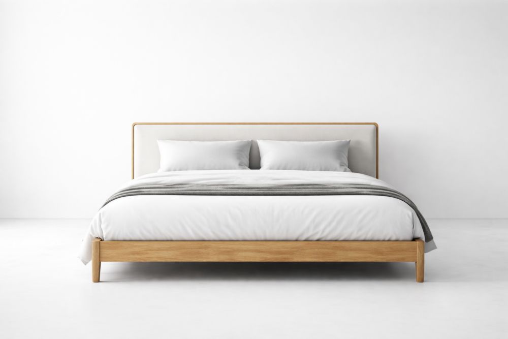 Letto matrimoniale in legno massello e tessuto bianco