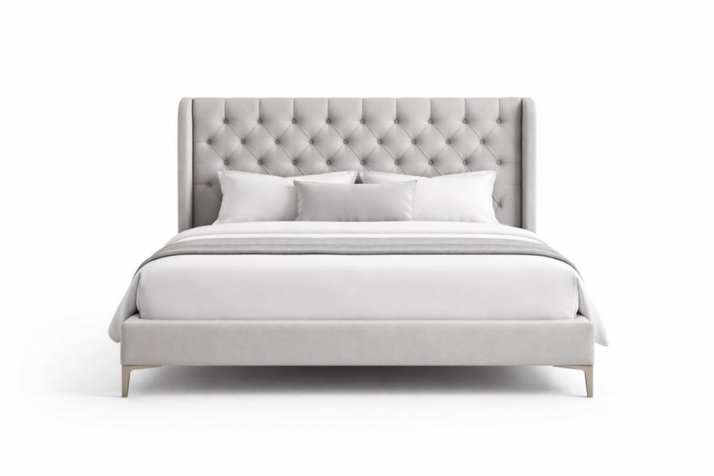 Letto matrimoniale in tessuto grigio con testiera capitonné