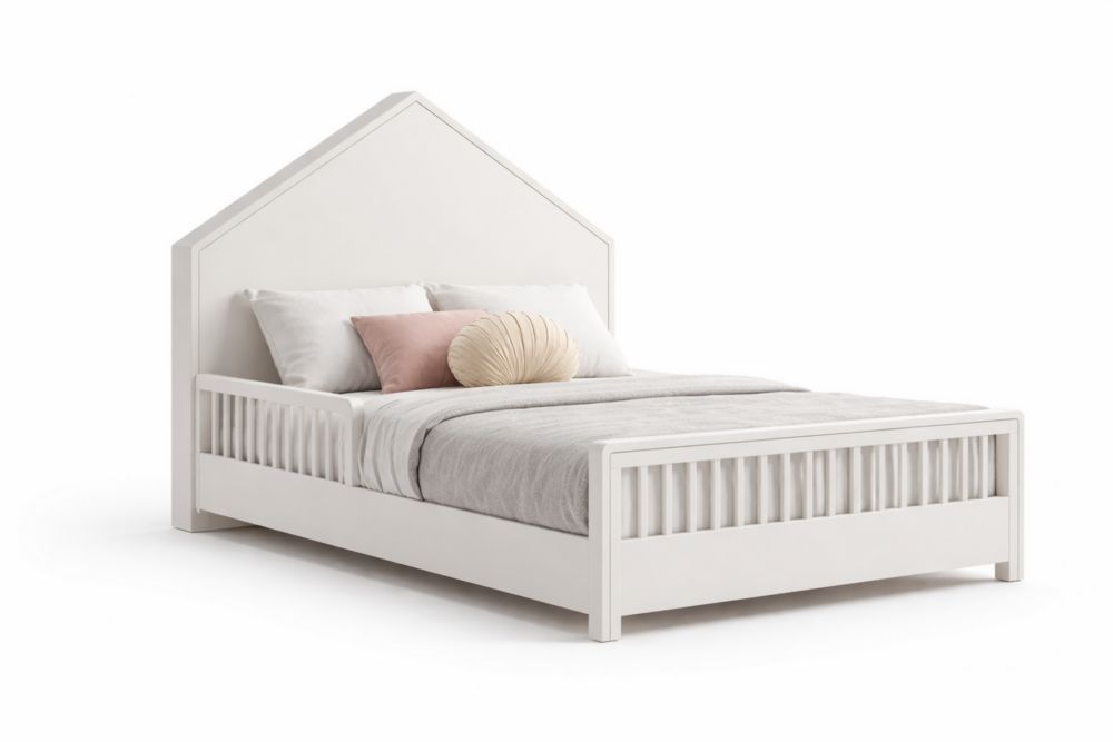 Letto in MDF Bianco con Testiera a Forma di Casa
