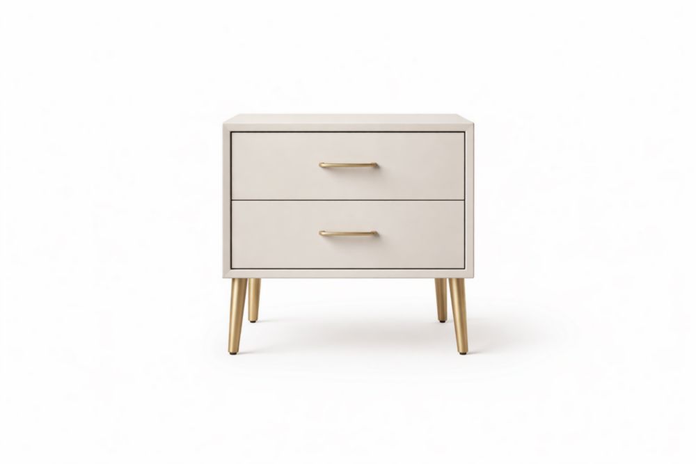 Comodino in MDF e Acciaio Inossidabile Bianco con Due Cassetti