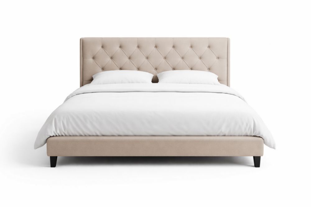 Letto matrimoniale in tessuto beige con testiera imbottita
