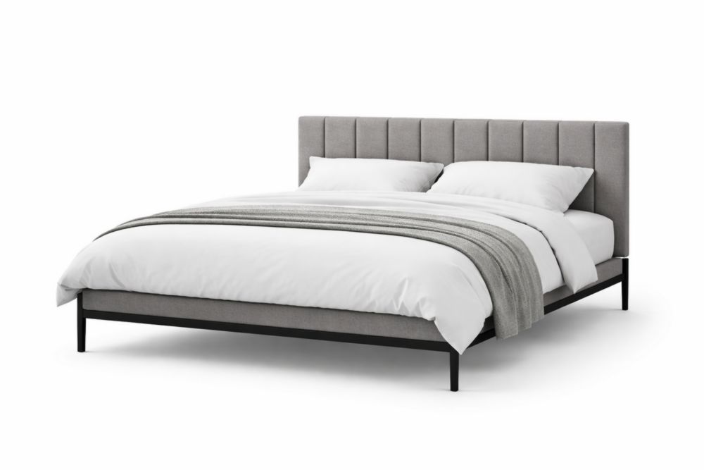 Letto matrimoniale imbottito in tessuto grigio con struttura in acciaio