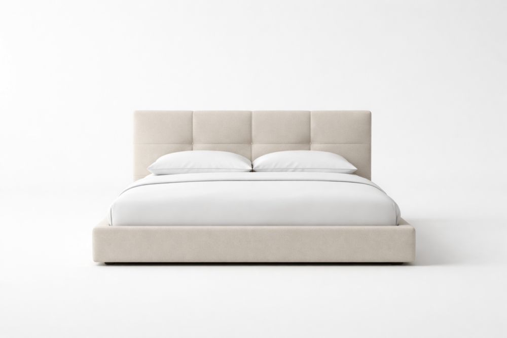 Letto in tessuto beige con testiera imbottita