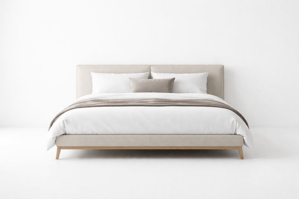 Letto matrimoniale tessuto beige con cornice in legno massello