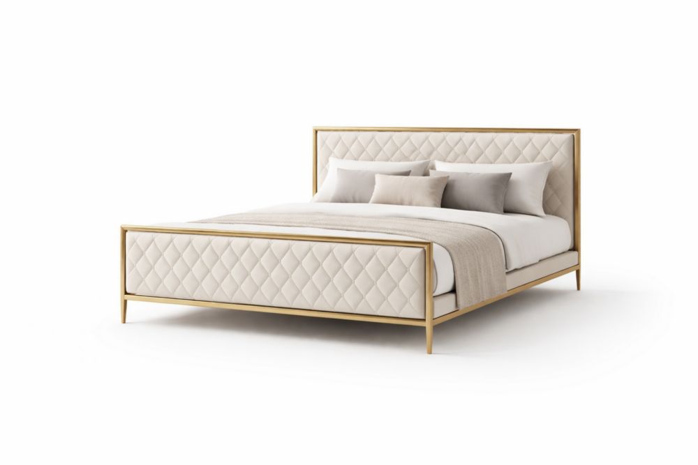 Letto matrimoniale in acciaio inossidabile dorato e tessuto trapuntato crema