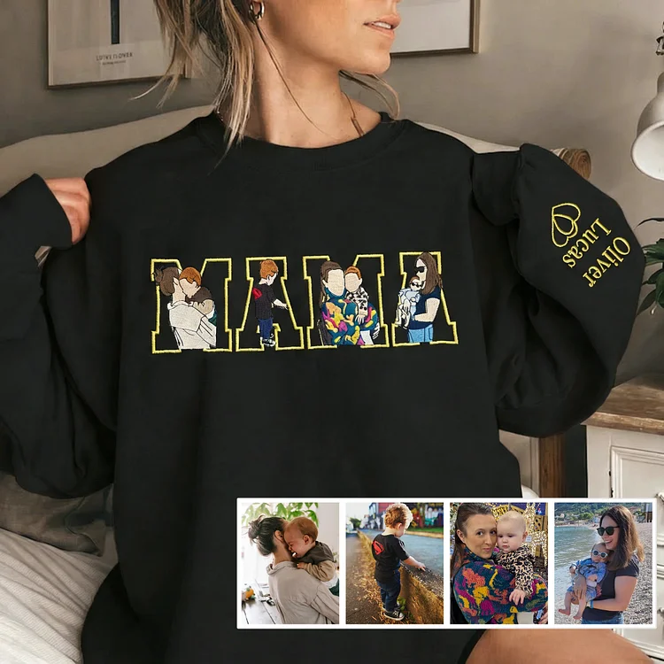 Custom Photo Portrait Embroidery Sweatshirt/Hoodie, Gift For Mom/Mama/Family