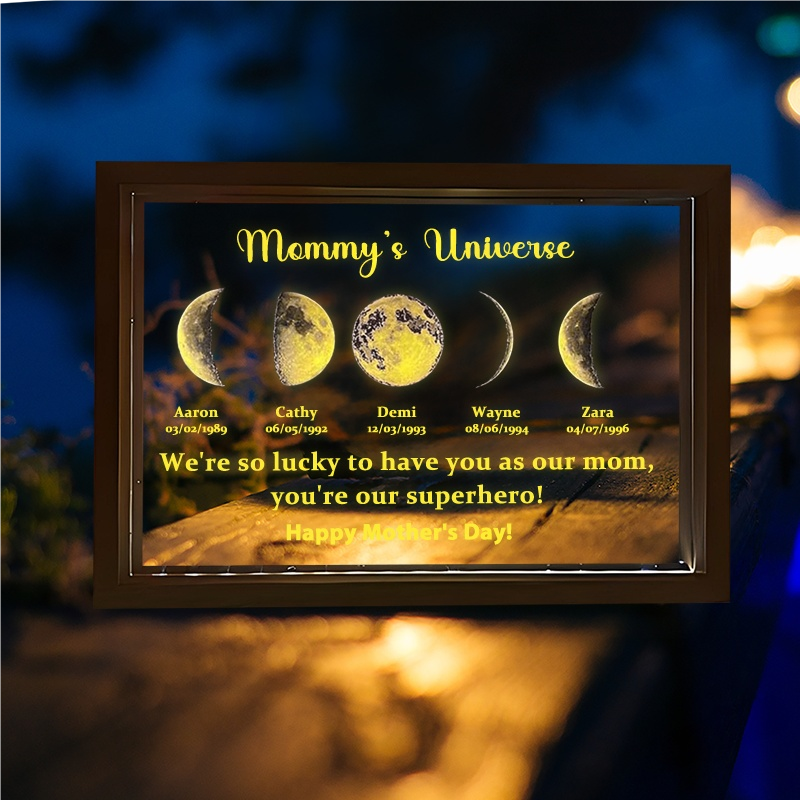 Led light frame with text and date - mom's universe