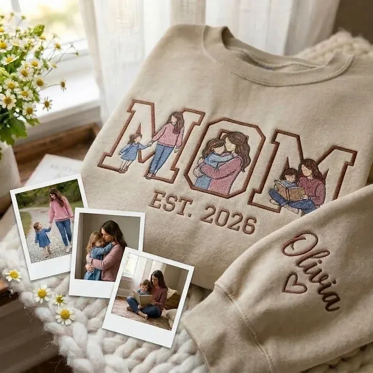 Custom Photo Portrait Embroidery Sweatshirt/Hoodie, Gift For Mom/Mama/Family