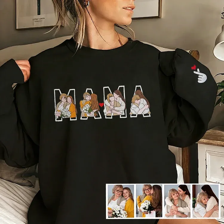 Custom Photo Portrait Embroidery Sweatshirt/Hoodie, Gift For Mom/Mama/Family
