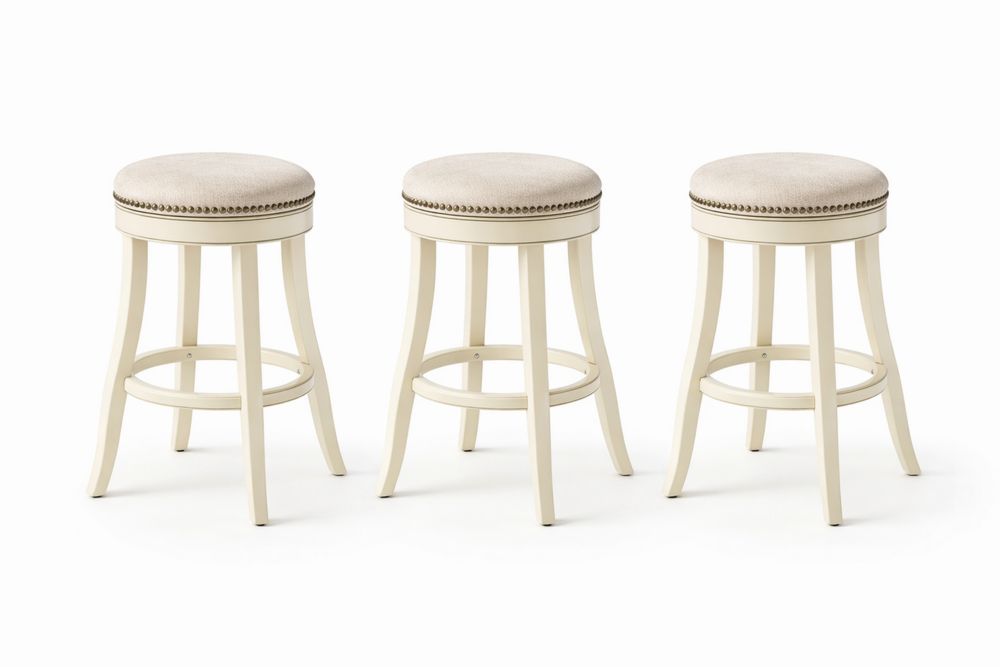 Tabourets de Bar en Bois Beige Assise Ronde Tissu Lin Lot de 3 XF4948177