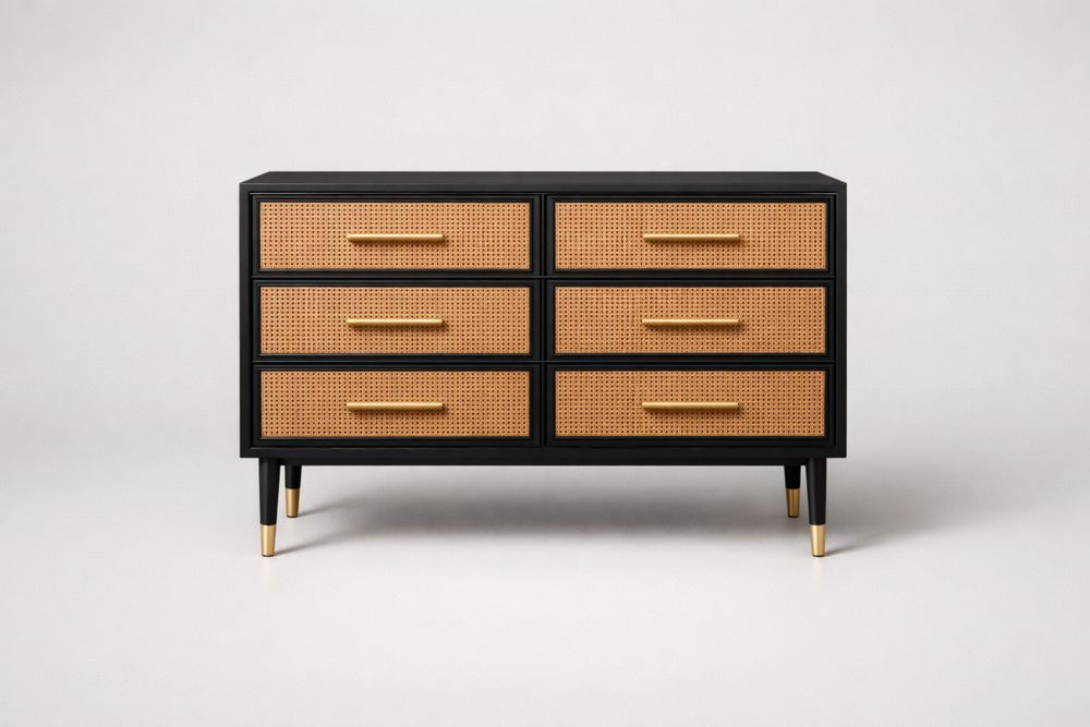 Commode en Bois Noir et Rotin à 6 Tiroirs KY8917510