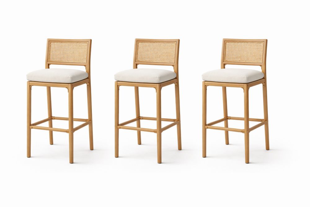 Lot de 3 Tabourets de Bar en Bois et Rotin avec Assise en Lin Beige 75 cm IJ0661745