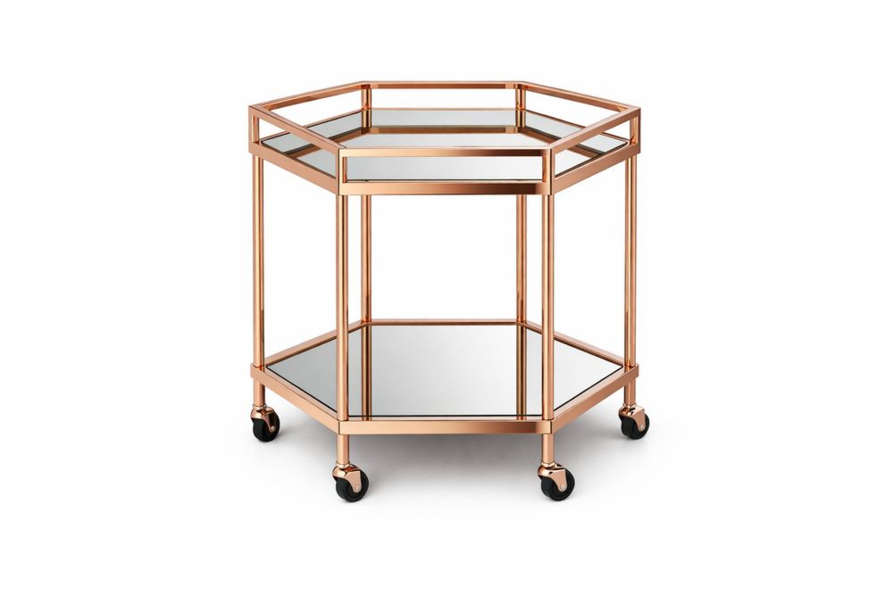 Chariot de Service Hexagonal Verre Métal à Roulettes Cuivré GL5495976