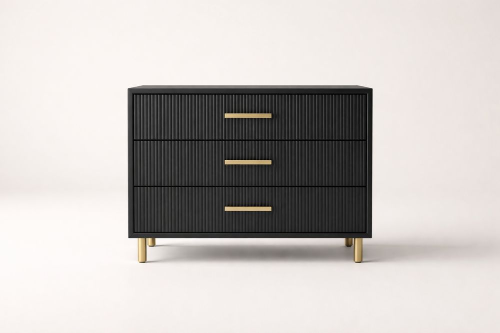 Commode en bois à 3 tiroirs noire avec poignées et pieds en métal HE4051130