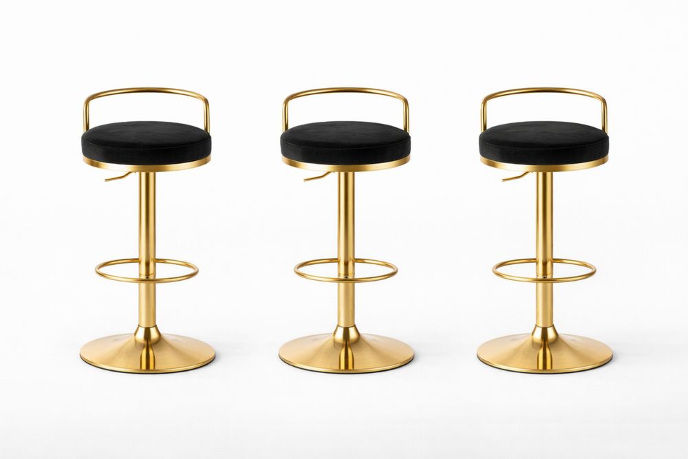Ensemble de 3 Tabourets de Bar en Métal Doré et Velours Noir Réglables NM2075841