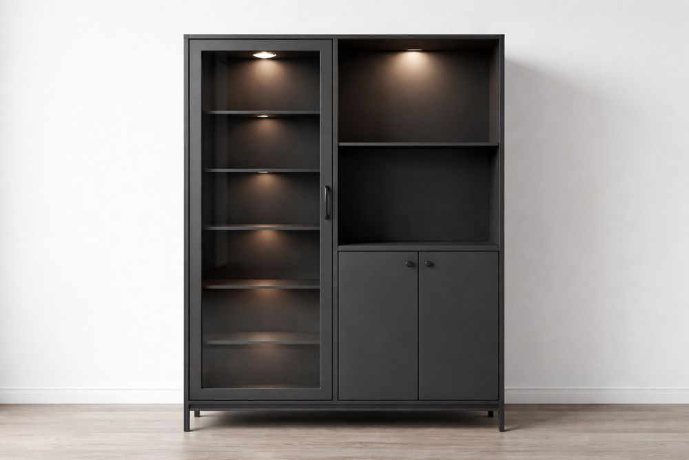 Buffet en métal noir avec portes en verre et étagères éclairées PS0292000