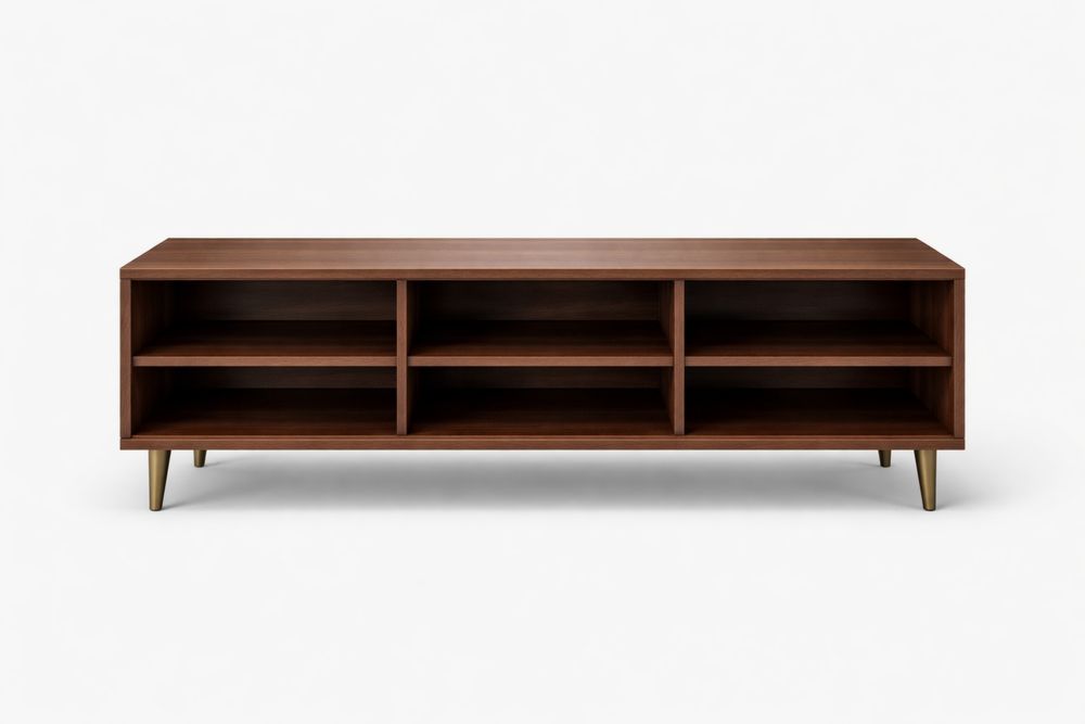 Meuble TV en bois noyer avec étagères ouvertes et pieds métalliques OV4462842