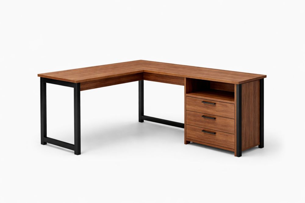 Bureau d'angle en bois et métal avec trois tiroirs TE8107278