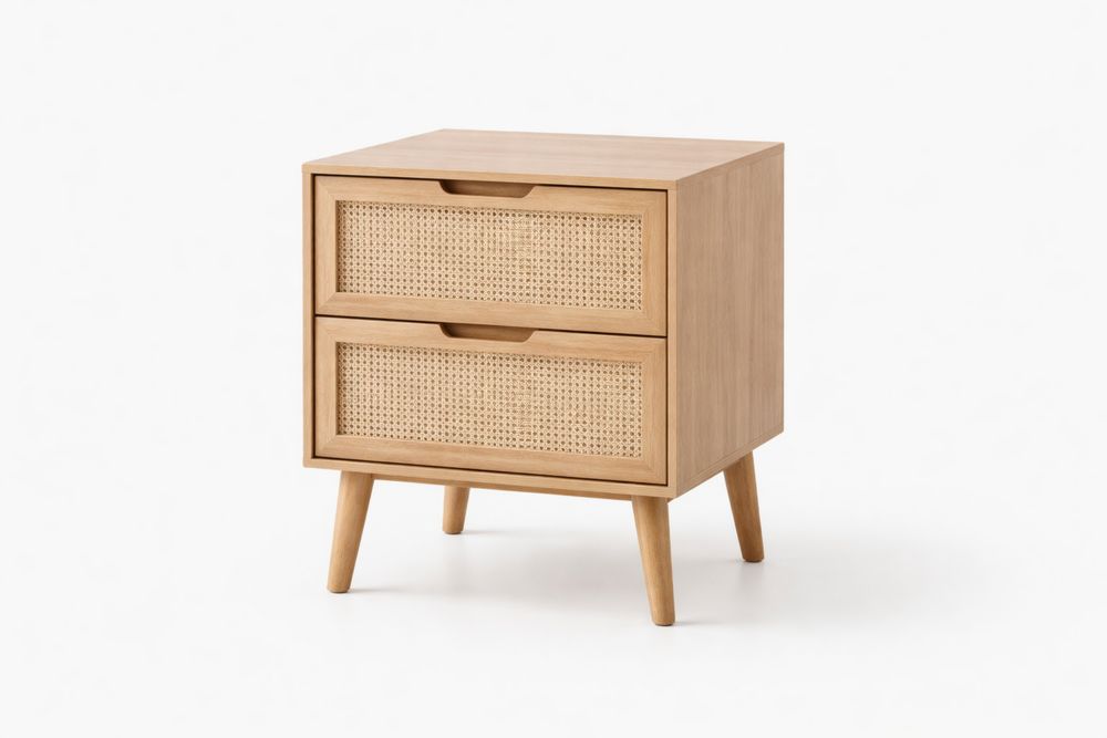 Table de chevet en bois avec tiroirs en rotin 45x35x60cm MY0488717