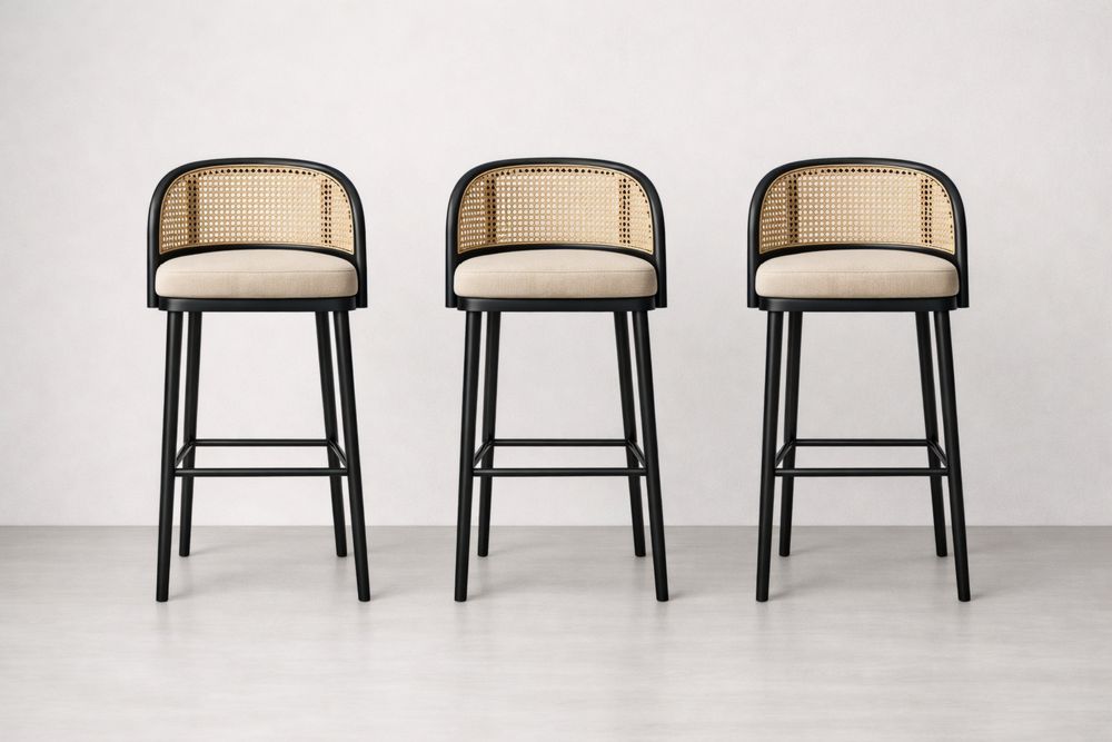 Tabouret de bar en bois et rotin noir et beige CQ7843018