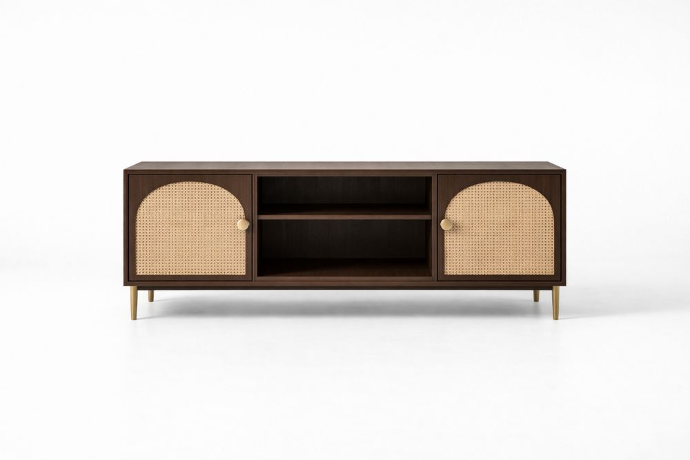 Buffet en bois marron avec portes en cannage et étagères NE6362368