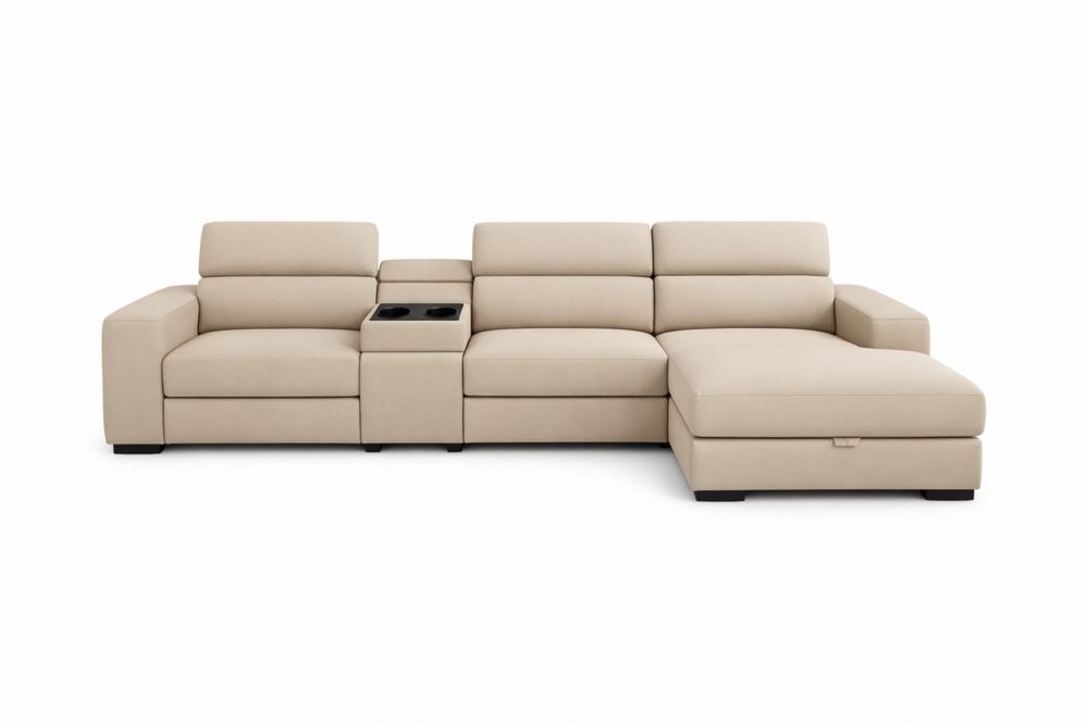 Canapé d'angle en cuir beige avec repose-pieds et porte-gobelets BF5603180