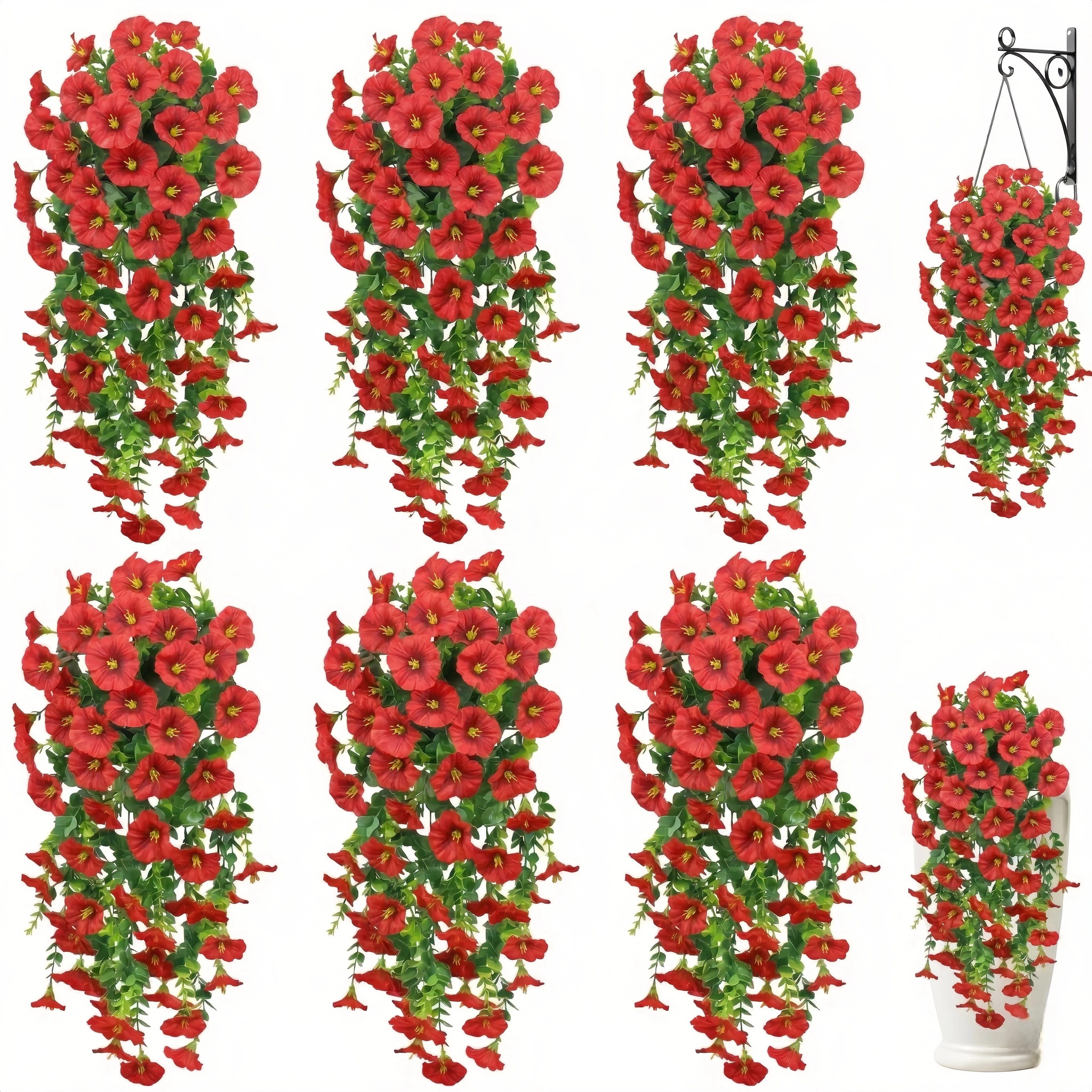 Artificial Hanging Flowers for Outdoor Spring Decor, 6 PCS Silk UV Resistant Petunia Artificial Flowers with Eucalyptus Leaves, UV Resistant Realistic Morning Glory for Home Patio, Light Purple White