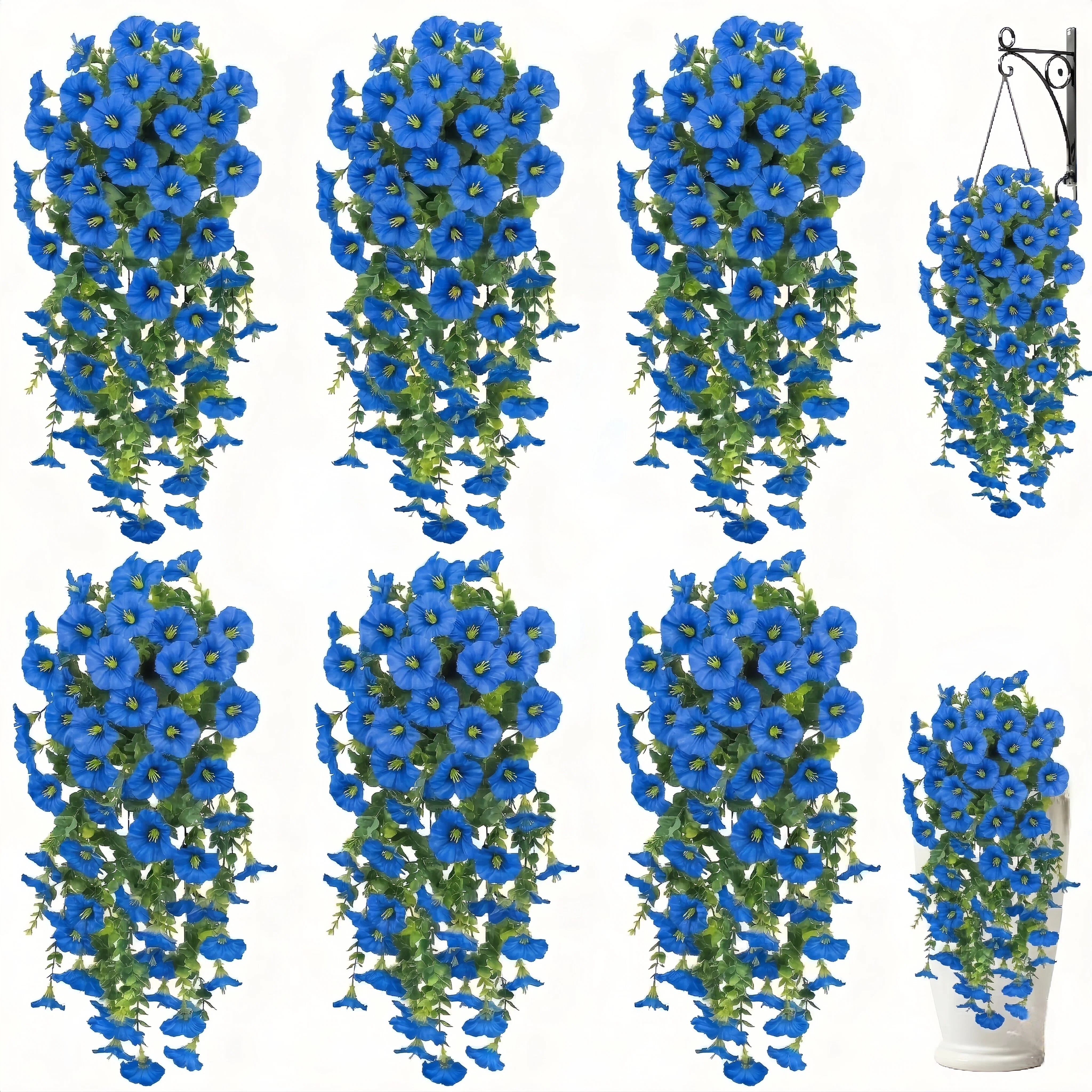 Artificial Hanging Flowers for Outdoor Spring Decor, 6 PCS Silk UV Resistant Petunia Artificial Flowers with Eucalyptus Leaves, UV Resistant Realistic Morning Glory for Home Patio, Light Purple White