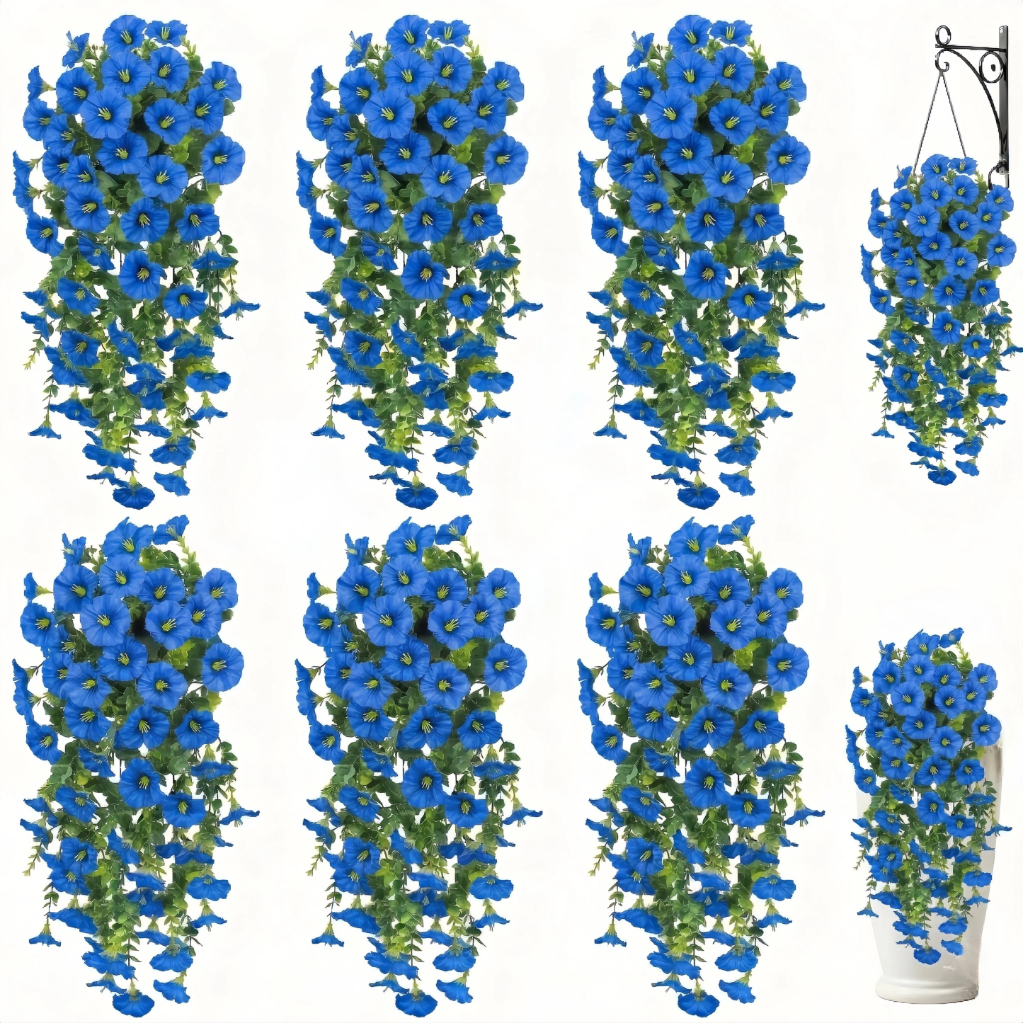 Artificial Hanging Flowers for Outdoor Spring Decor, 6 PCS Silk UV Resistant Petunia Artificial Flowers with Eucalyptus Leaves, UV Resistant Realistic Morning Glory for Home Patio, Light Purple White