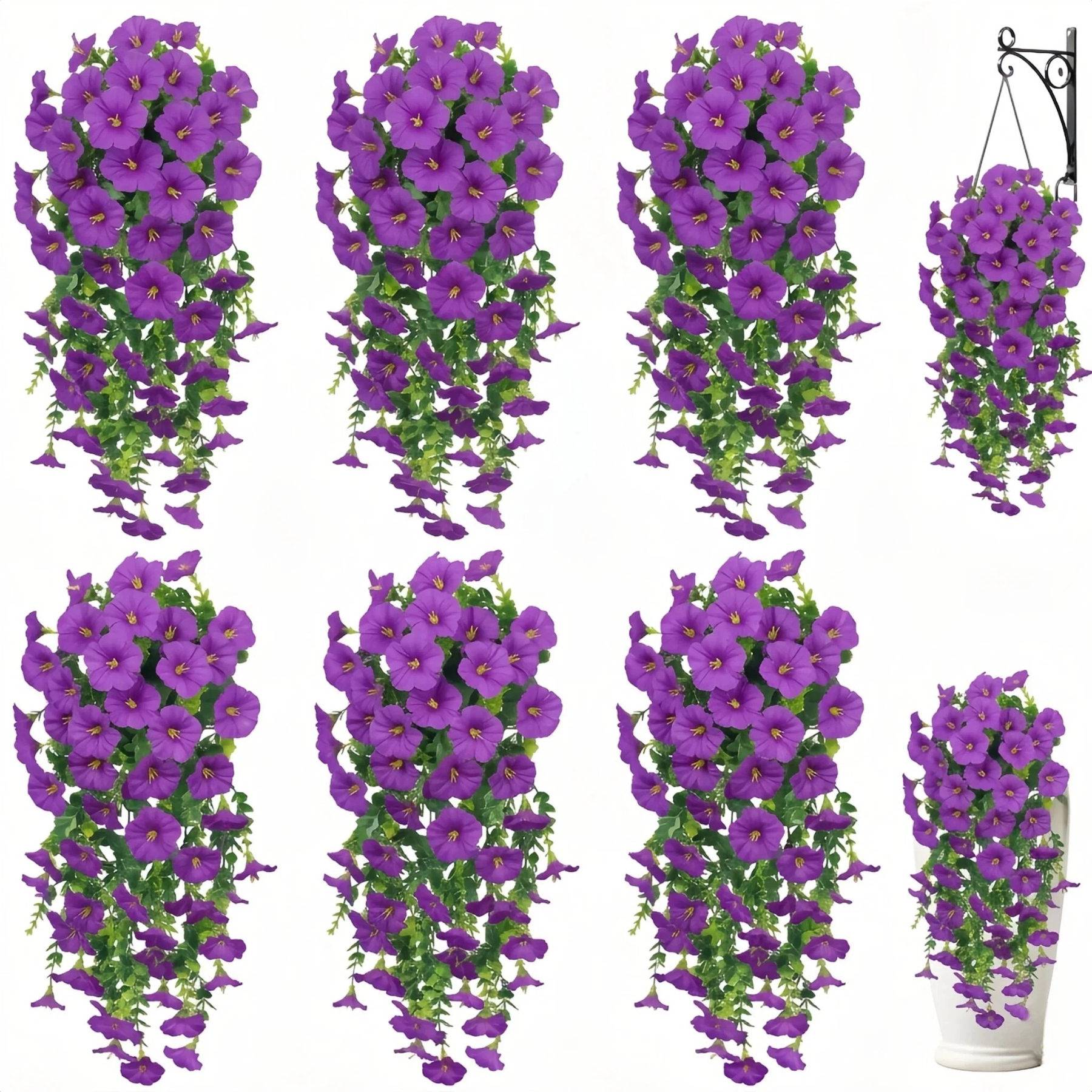 Artificial Hanging Flowers for Outdoor Spring Decor, 6 PCS Silk UV Resistant Petunia Artificial Flowers with Eucalyptus Leaves, UV Resistant Realistic Morning Glory for Home Patio, Light Purple White