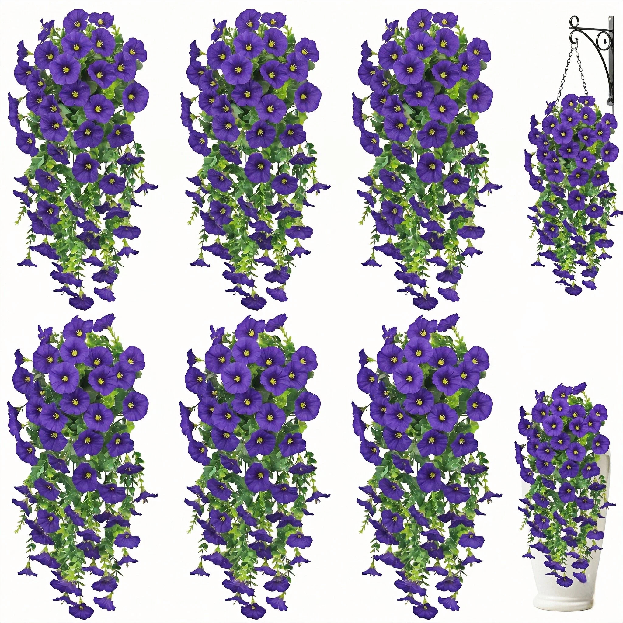 Artificial Hanging Flowers for Outdoor Spring Decor, 6 PCS Silk UV Resistant Petunia Artificial Flowers with Eucalyptus Leaves, UV Resistant Realistic Morning Glory for Home Patio, Light Purple White