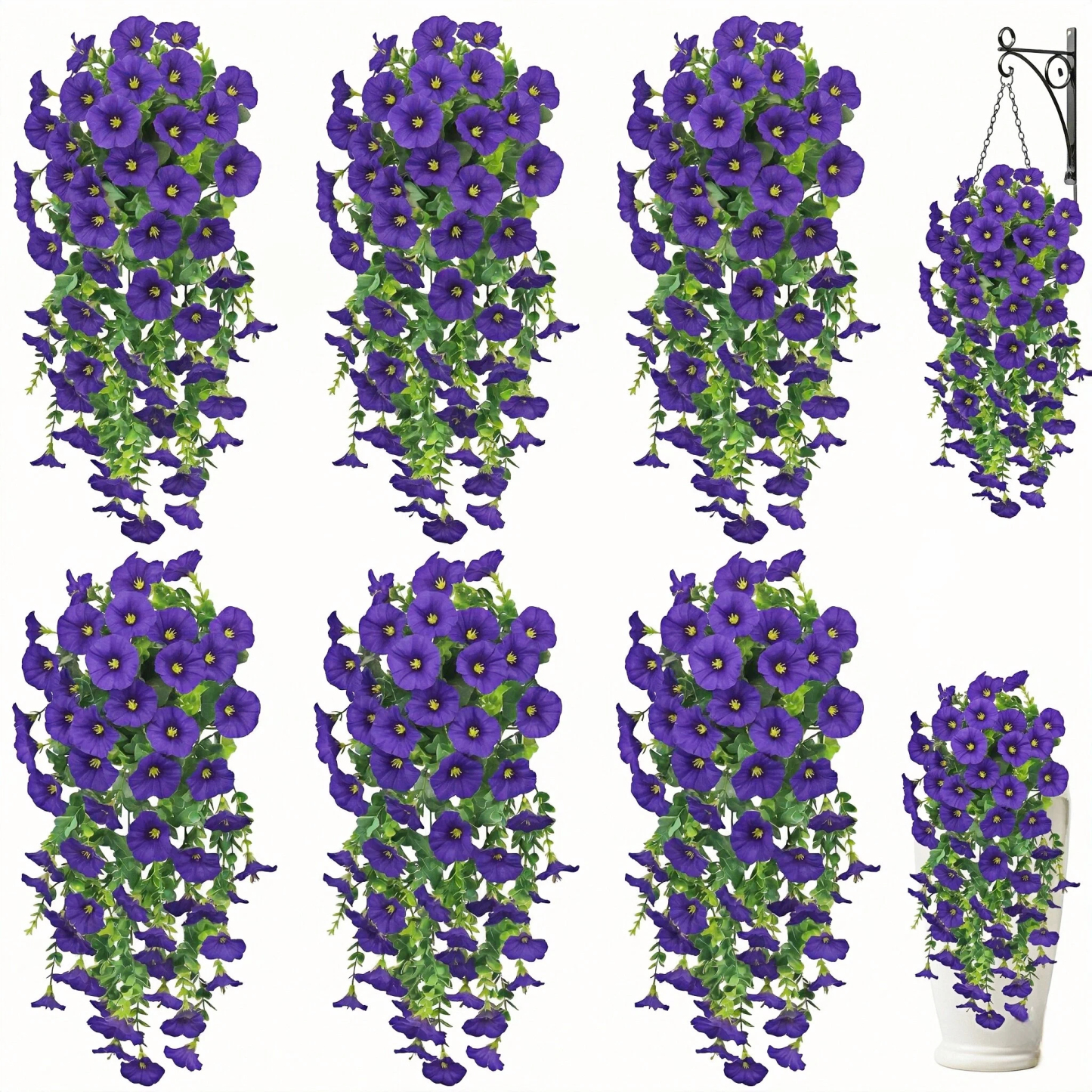 Artificial Hanging Flowers for Outdoor Spring Decor, 6 PCS Silk UV Resistant Petunia Artificial Flowers with Eucalyptus Leaves, UV Resistant Realistic Morning Glory for Home Patio, Light Purple White