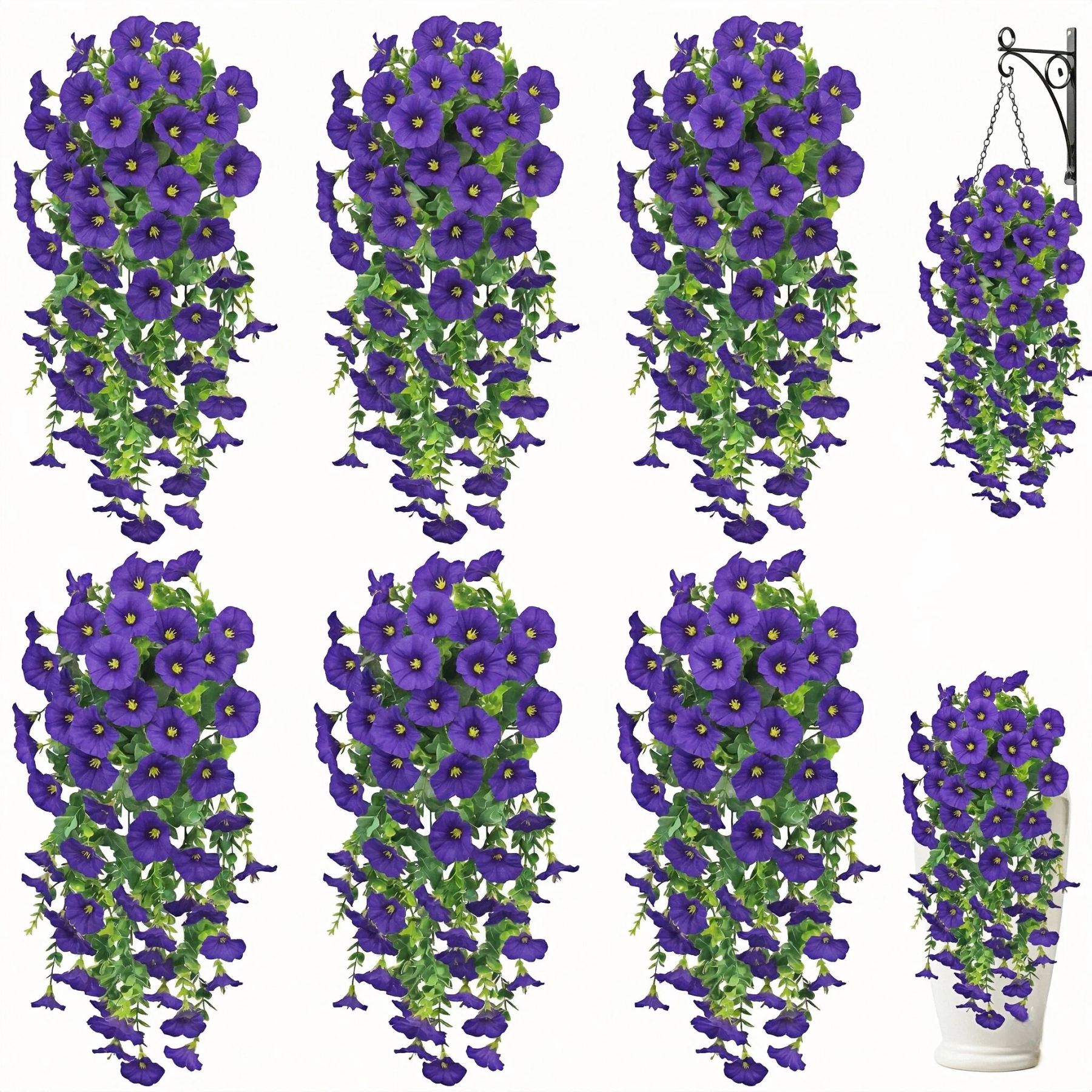 Artificial Hanging Flowers for Outdoor Spring Decor, 6 PCS Silk UV Resistant Petunia Artificial Flowers with Eucalyptus Leaves, UV Resistant Realistic Morning Glory for Home Patio, Light Purple White