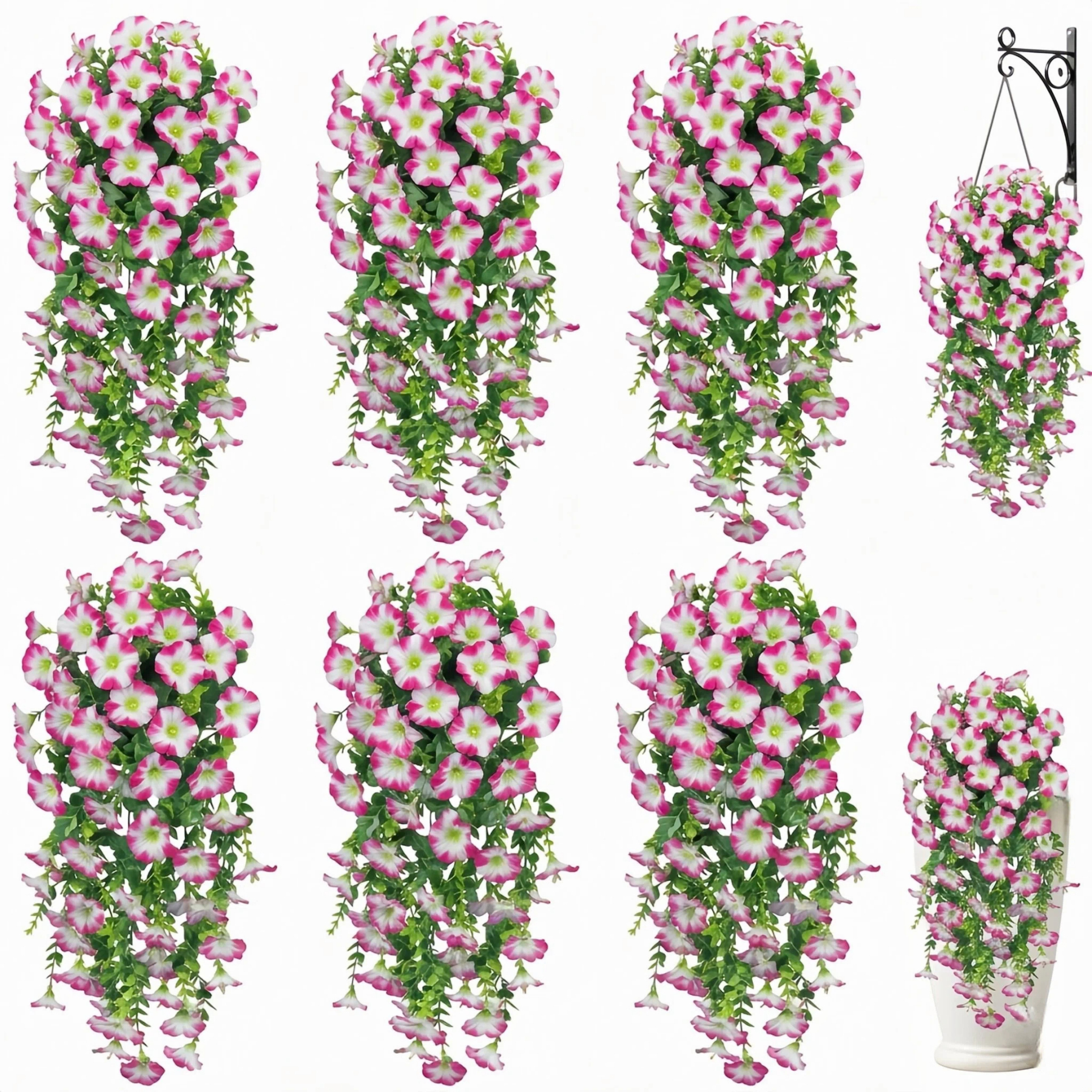 Artificial Hanging Flowers for Outdoor Spring Decor, 6 PCS Silk UV Resistant Petunia Artificial Flowers with Eucalyptus Leaves, UV Resistant Realistic Morning Glory for Home Patio, Light Purple White