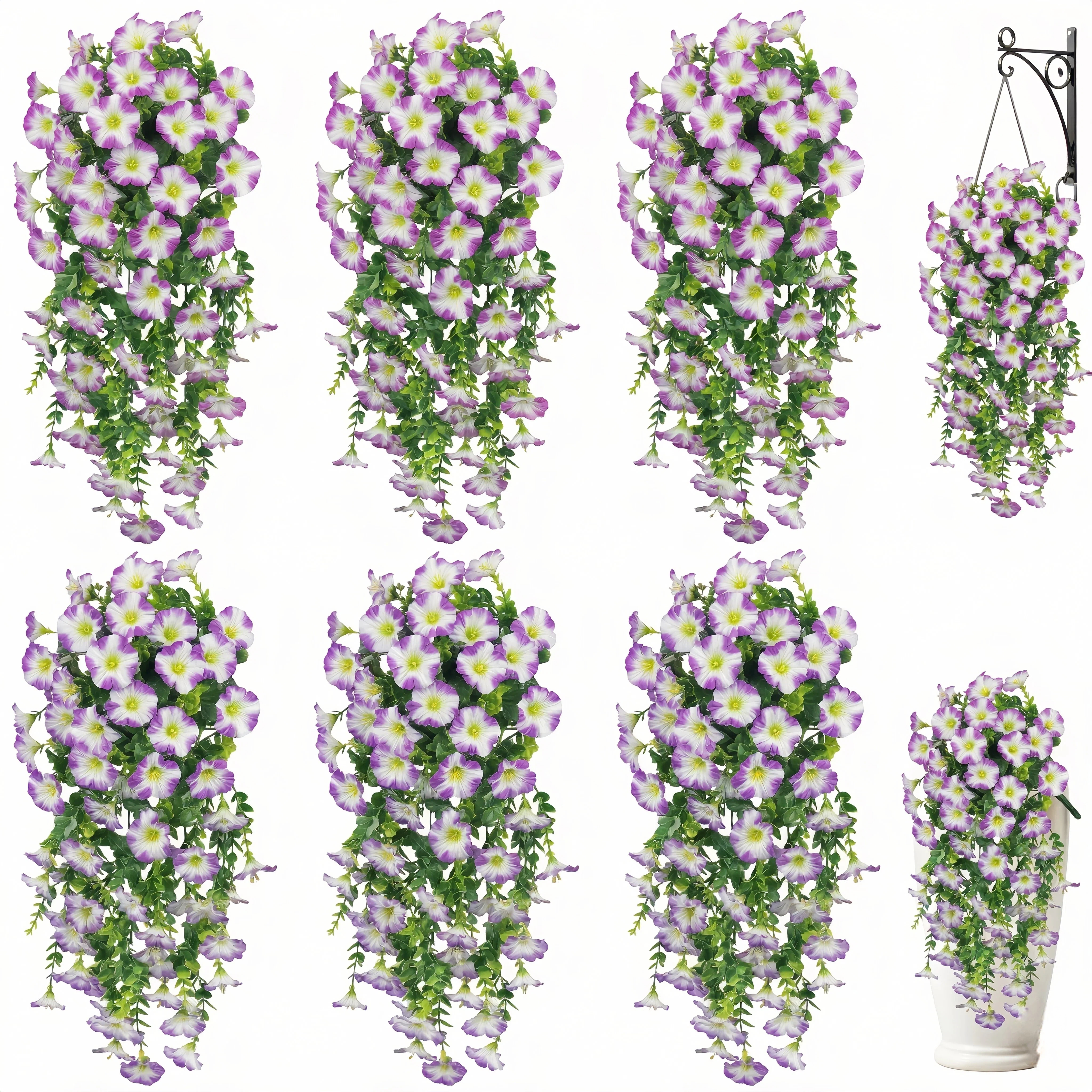 Artificial Hanging Flowers for Outdoor Spring Decor, 6 PCS Silk UV Resistant Petunia Artificial Flowers with Eucalyptus Leaves, UV Resistant Realistic Morning Glory for Home Patio, Light Purple White