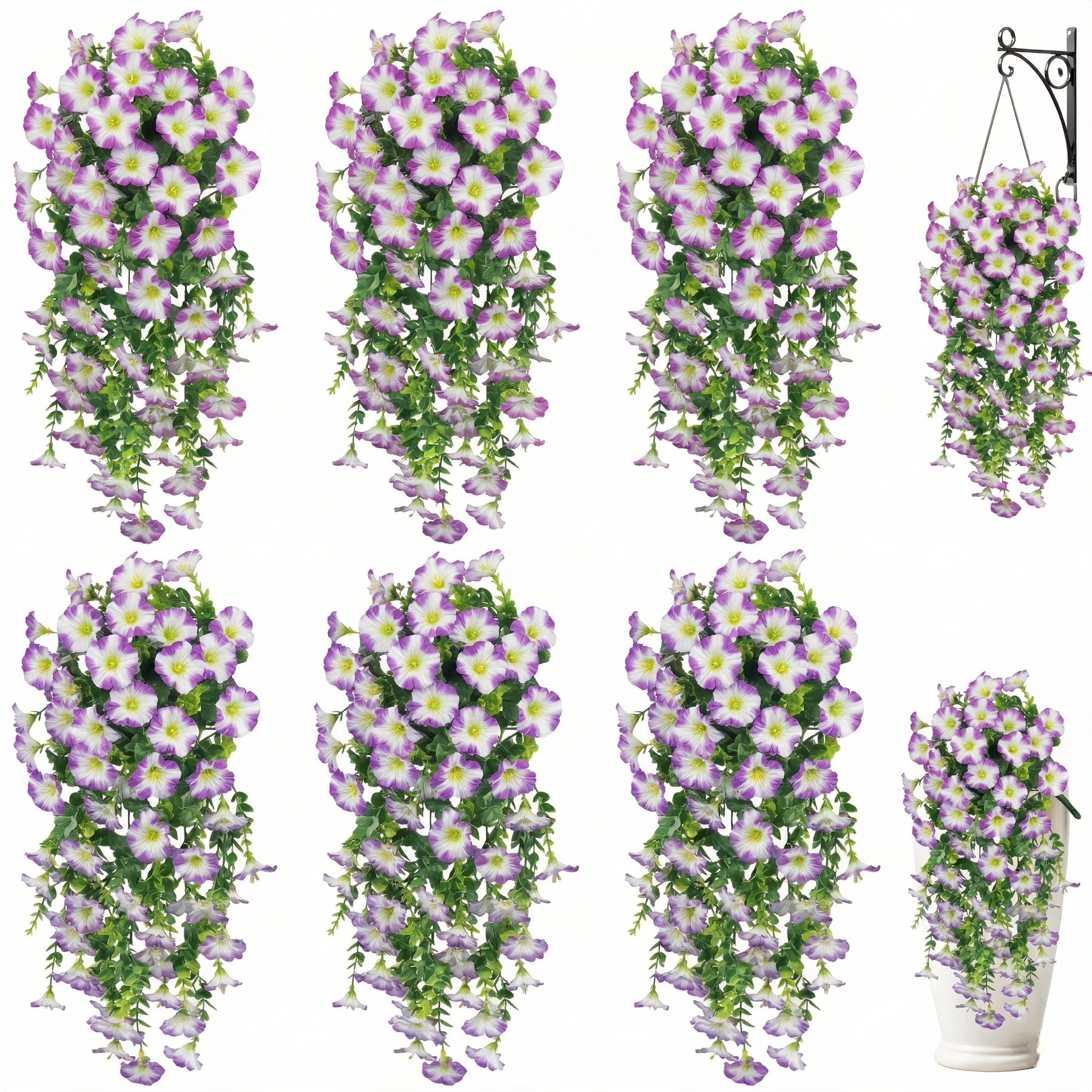 Artificial Hanging Flowers for Outdoor Spring Decor, 6 PCS Silk UV Resistant Petunia Artificial Flowers with Eucalyptus Leaves, UV Resistant Realistic Morning Glory for Home Patio, Light Purple White